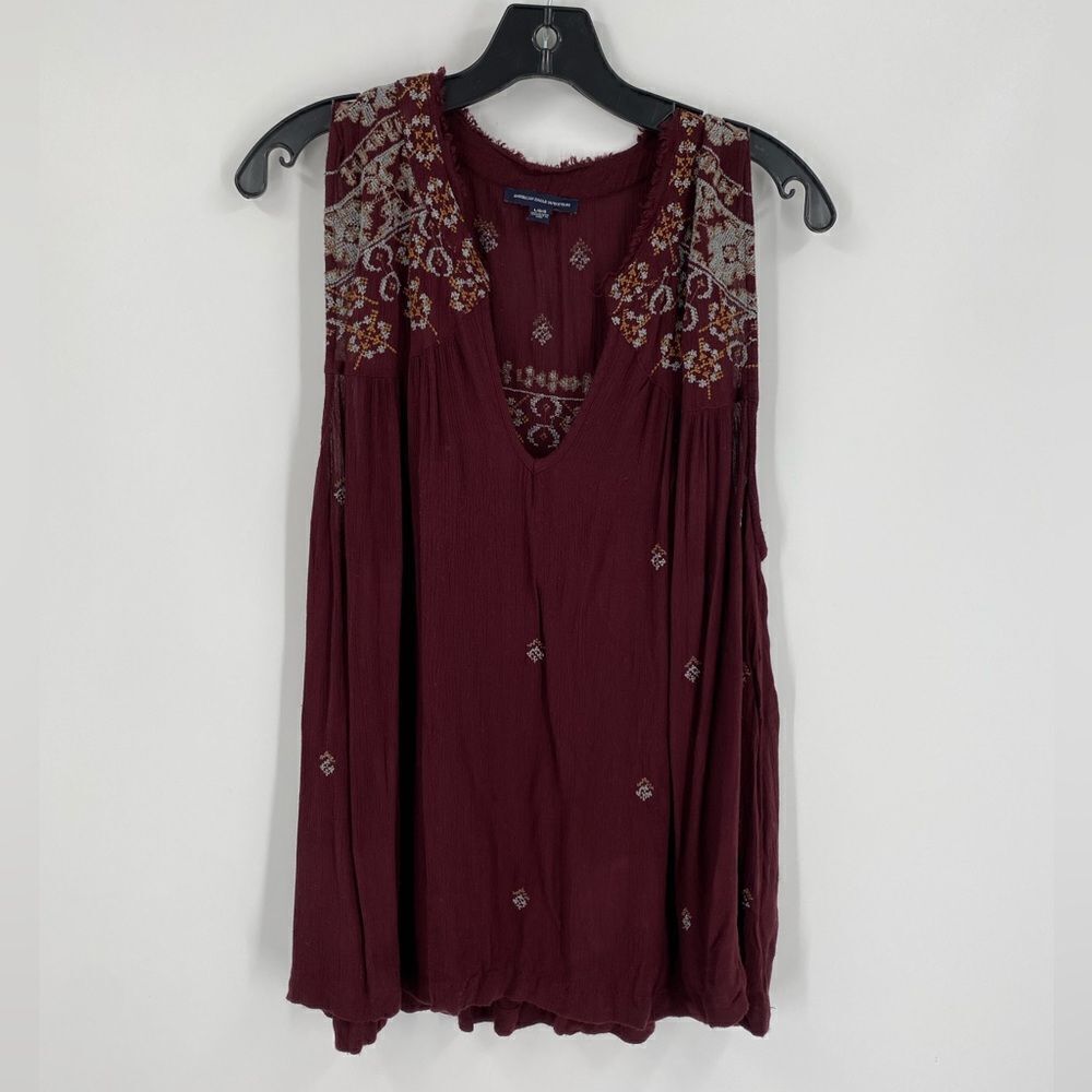 American Eagle Outfitters Burgundy Embroidered V-Neck Sleeveless Top